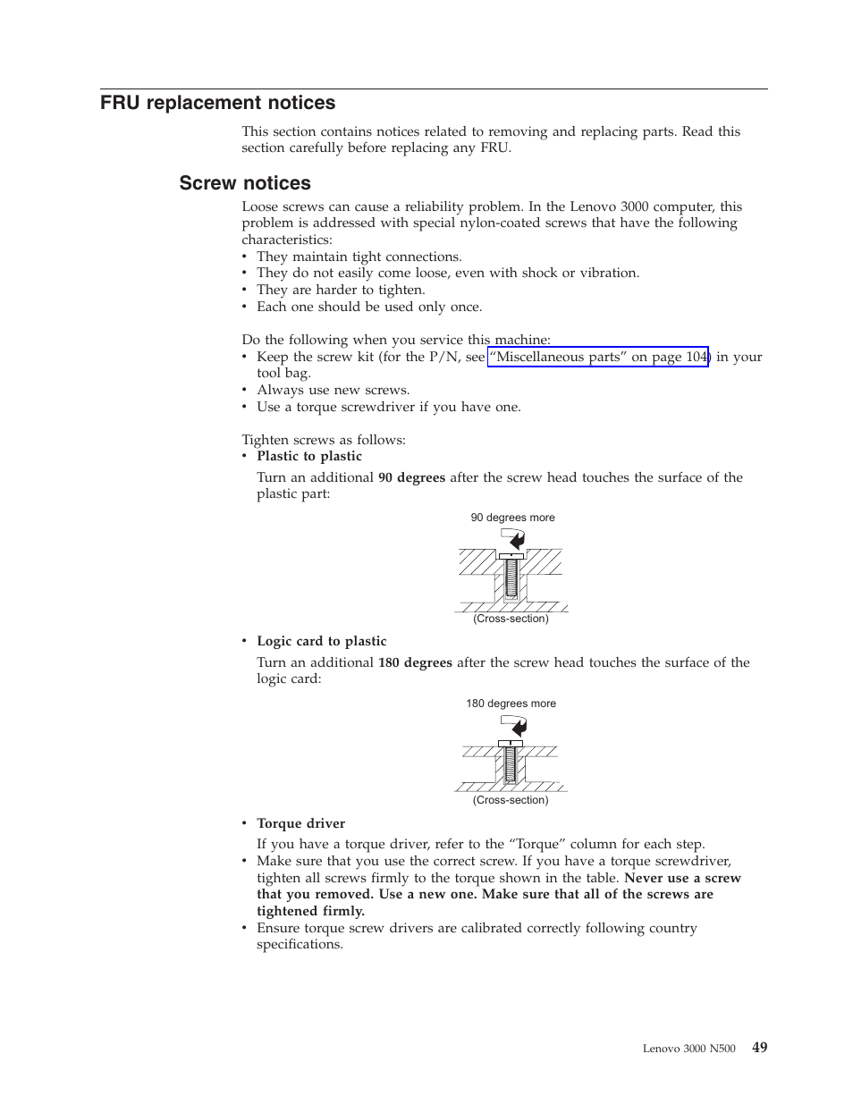 Fru replacement notices, Screw notices, Replacement | Notices, Screw | Lenovo 3000 N500 User Manual | Page 57 / 124