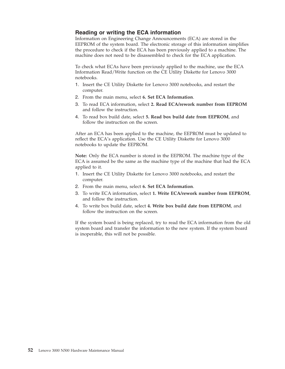 Reading or writing the eca information, Reading, Writing | Information | Lenovo 3000 N500 User Manual | Page 60 / 124