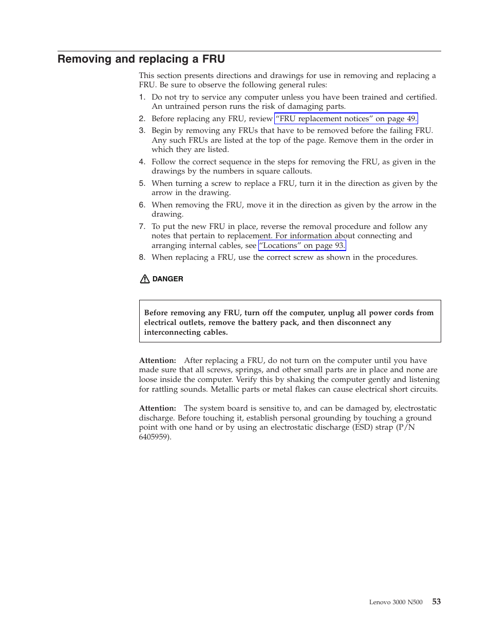 Removing and replacing a fru, Removing, Replacing | Lenovo 3000 N500 User Manual | Page 61 / 124