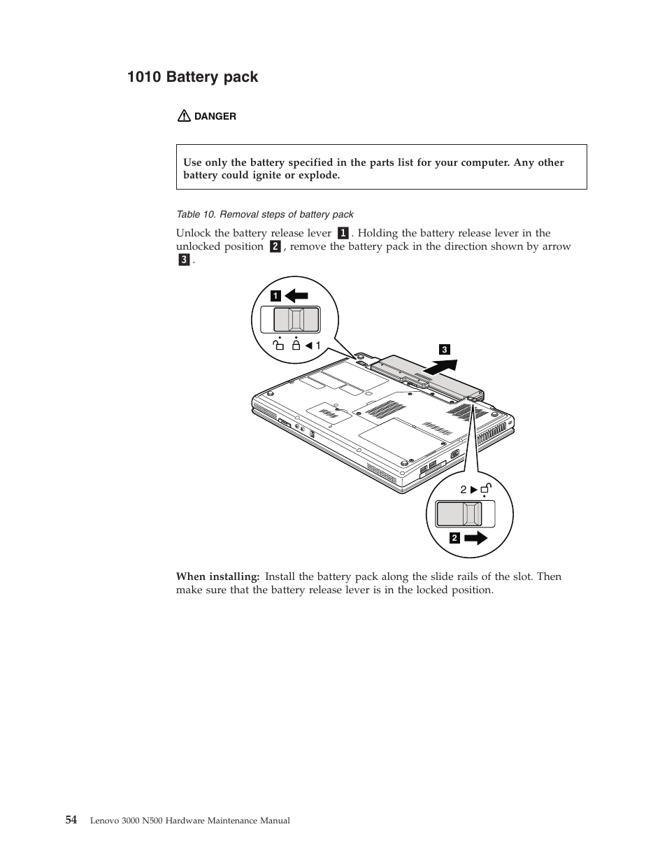 1010 battery pack, Battery, Pack | Lenovo 3000 N500 User Manual | Page 62 / 124