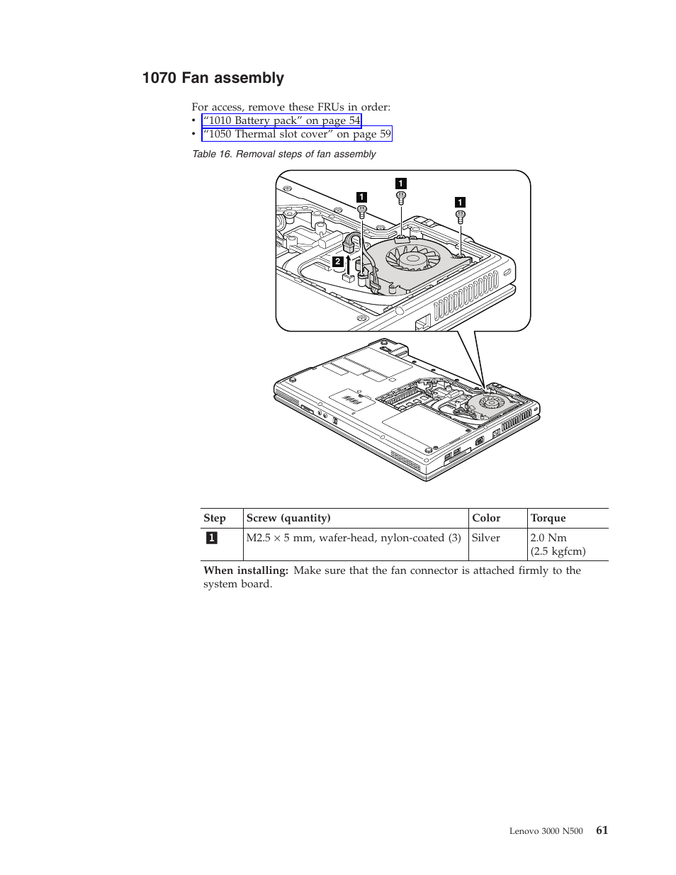 1070 fan assembly, Assembly | Lenovo 3000 N500 User Manual | Page 69 / 124
