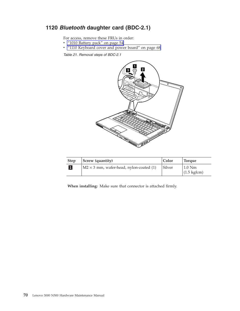 1120 bluetooth daughter card (bdc-2.1), Bluetooth, Daughter | Card, Bdc-2.1) | Lenovo 3000 N500 User Manual | Page 78 / 124