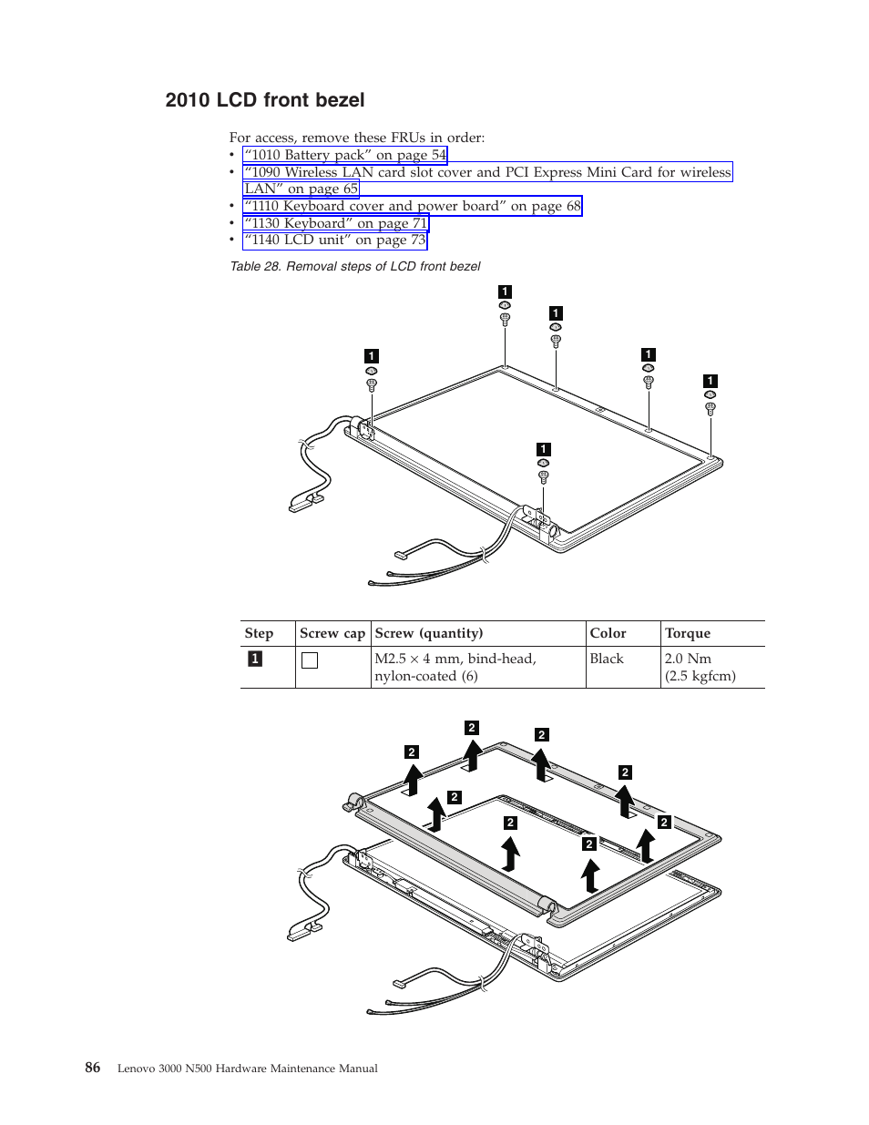 2010 lcd front bezel, Front, Bezel | Lenovo 3000 N500 User Manual | Page 94 / 124