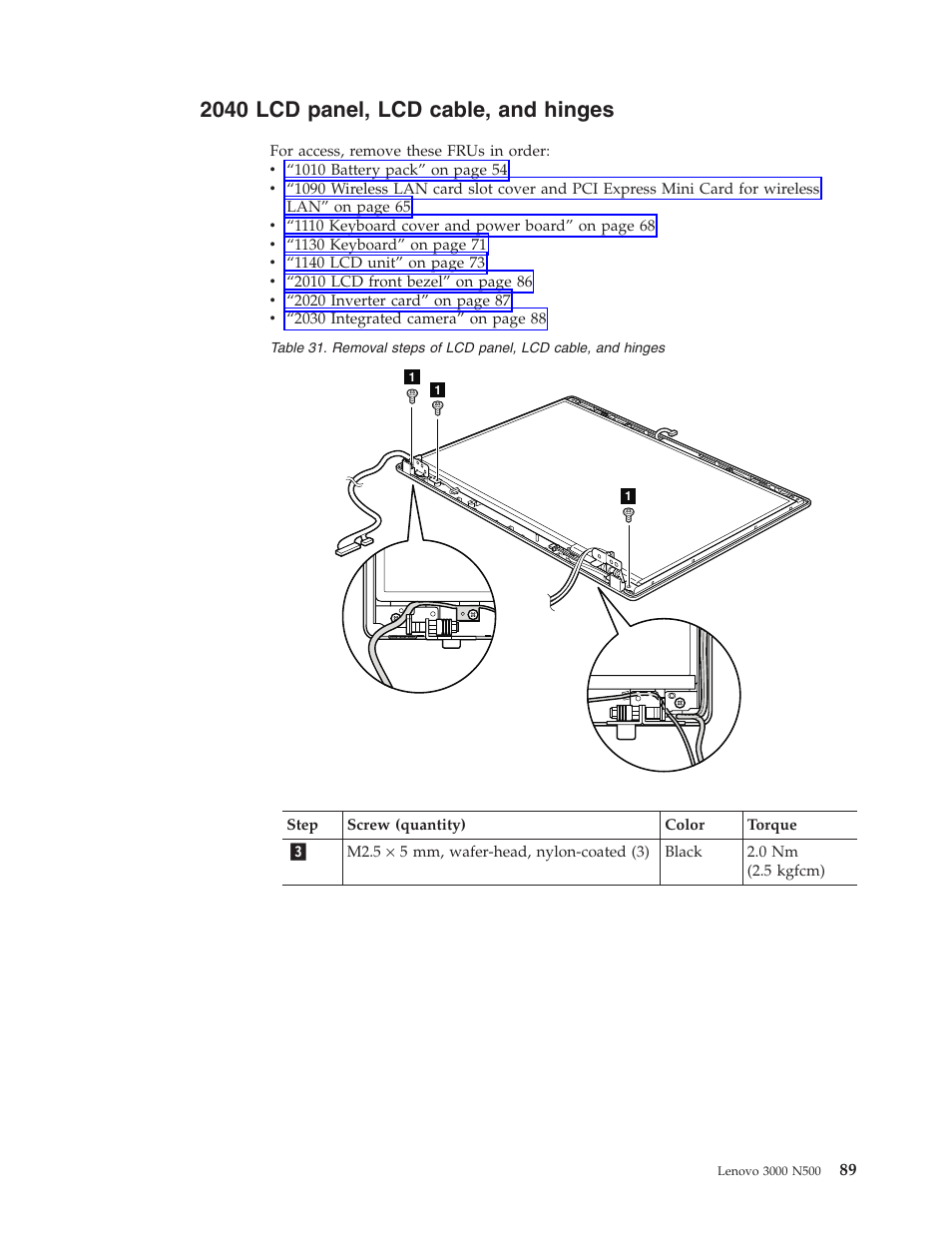 2040 lcd panel, lcd cable, and hinges, Panel, Cable | Hinges | Lenovo 3000 N500 User Manual | Page 97 / 124