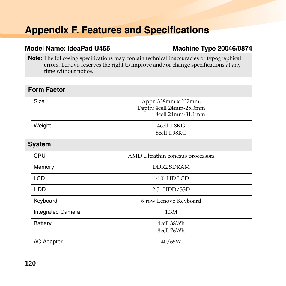 Appendix f. features and specifications | Lenovo IdeaPad U455 User Manual | Page 134 / 142