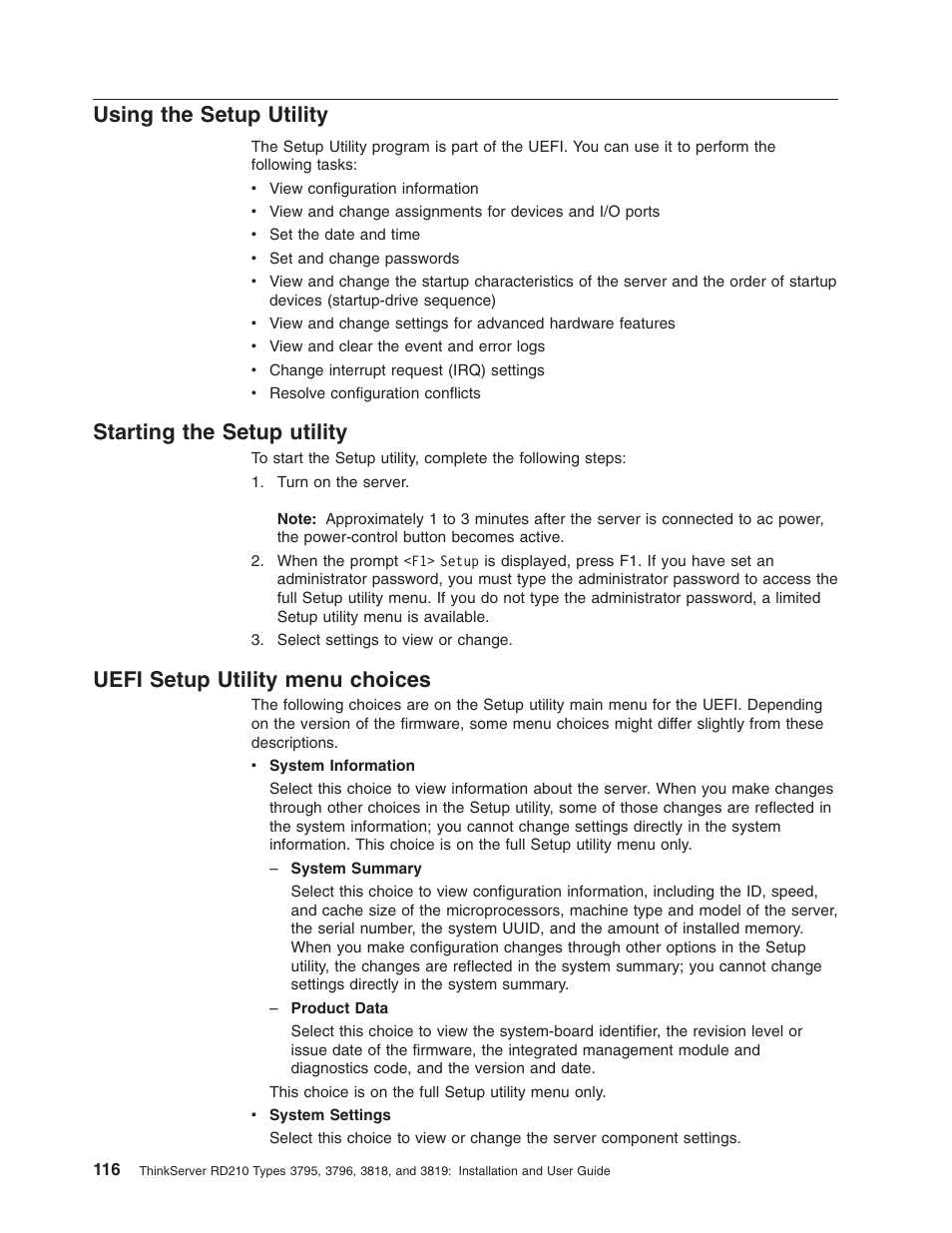 Using the setup utility, Starting the setup utility, Uefi setup utility menu choices | Using, Setup, Utility, Starting, Uefi, Menu, Choices | Lenovo RD210 User Manual | Page 132 / 204