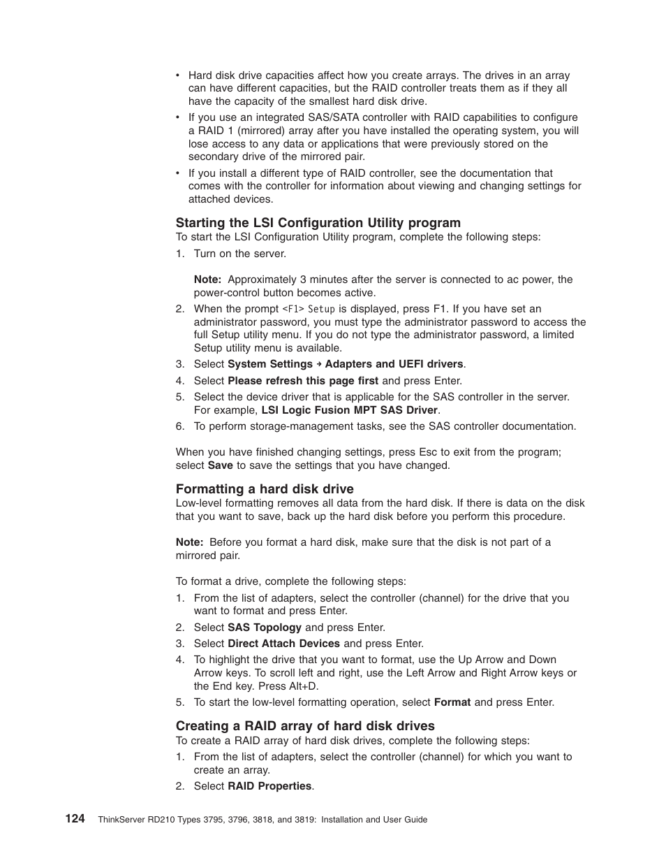 Starting the lsi configuration utility program, Formatting a hard disk drive, Creating a raid array of hard disk drives | Starting, Configuration, Utility, Program, Formatting, Hard, Disk | Lenovo RD210 User Manual | Page 140 / 204