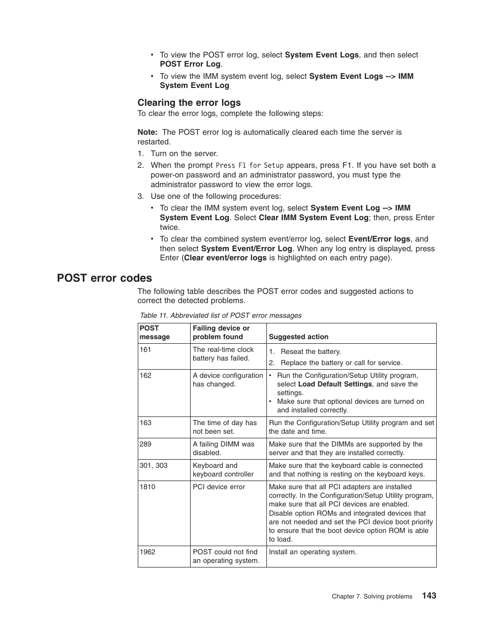Clearing the error logs, Post error codes, Post | Error, Codes, Clearing, Logs | Lenovo RD210 User Manual | Page 159 / 204