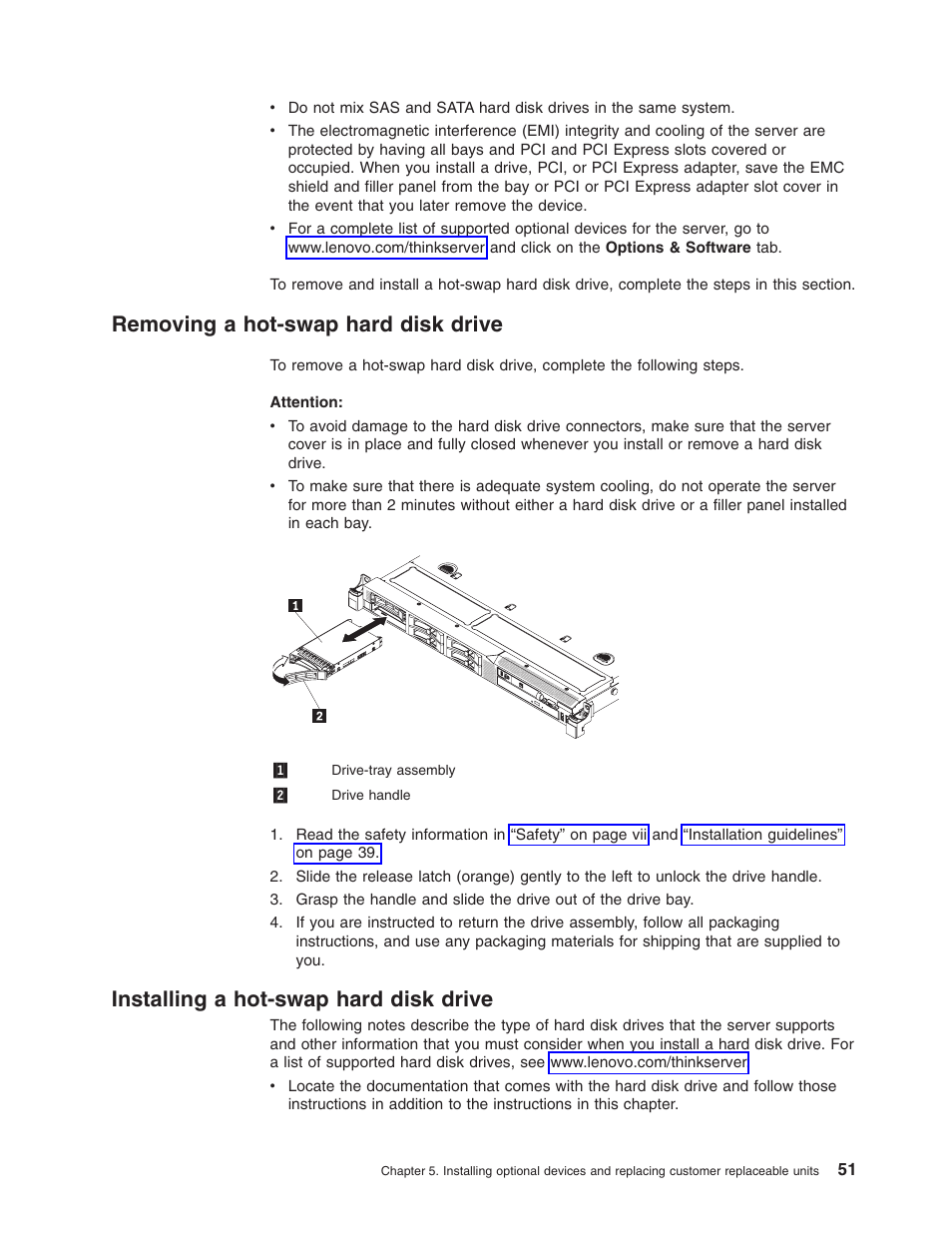 Removing a hot-swap hard disk drive, Installing a hot-swap hard disk drive, Removing | Hot-swap, Hard, Disk, Drive, Installing | Lenovo RD210 User Manual | Page 67 / 204