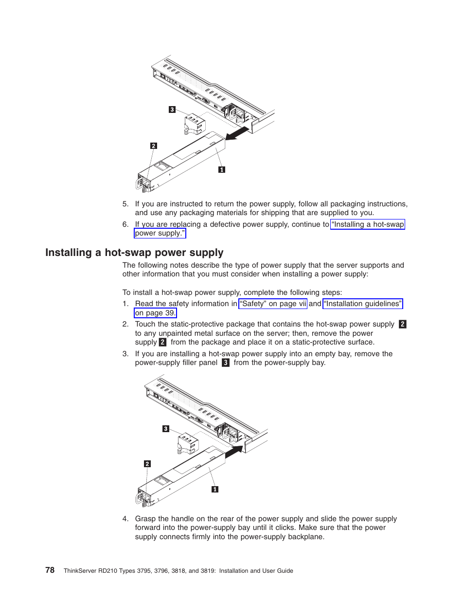 Installing a hot-swap power supply, Installing, Hot-swap | Power, Supply | Lenovo RD210 User Manual | Page 94 / 204