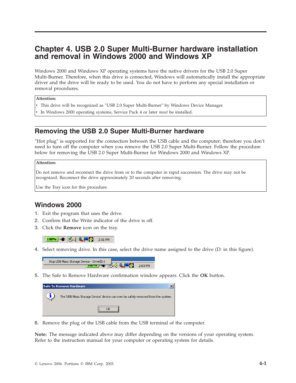 Removing the usb 2.0 super multi-burner hardware, Windows 2000, Chapter | Super, Multi-burner, Hardware, Installation, Removal, Windows, Removing | Lenovo 40Y8699 User Manual | Page 27 / 72