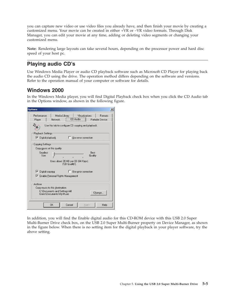 Playing audio cd’s, Windows 2000, Playing | Audio, Cd’s, Windows | Lenovo 40Y8699 User Manual | Page 33 / 72