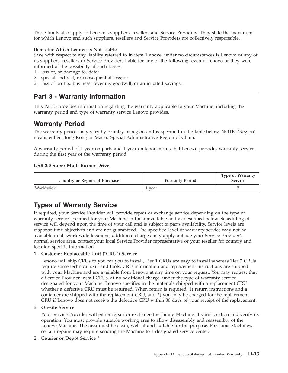 Part 3 - warranty information, Warranty period, Types of warranty service | Part, Warranty, Information, D-13, Period, Types, Service | Lenovo 40Y8699 User Manual | Page 61 / 72
