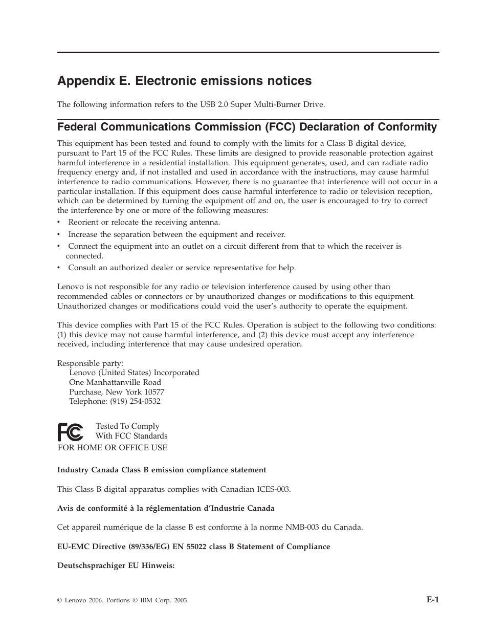Appendix e. electronic emissions notices, Appendix, Electronic | Emissions, Notices, Federal, Communications, Commission, Fcc), Declaration | Lenovo 40Y8699 User Manual | Page 67 / 72