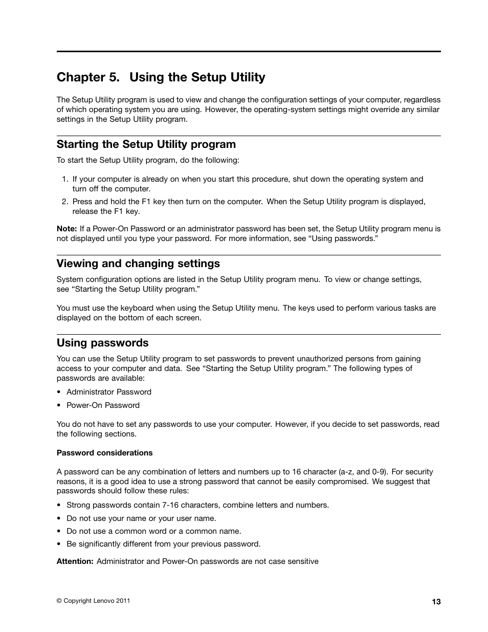 Chapter 5. using the setup utility, Starting the setup utility program, Viewing and changing settings | Using passwords | Lenovo Q180 User Manual | Page 19 / 43