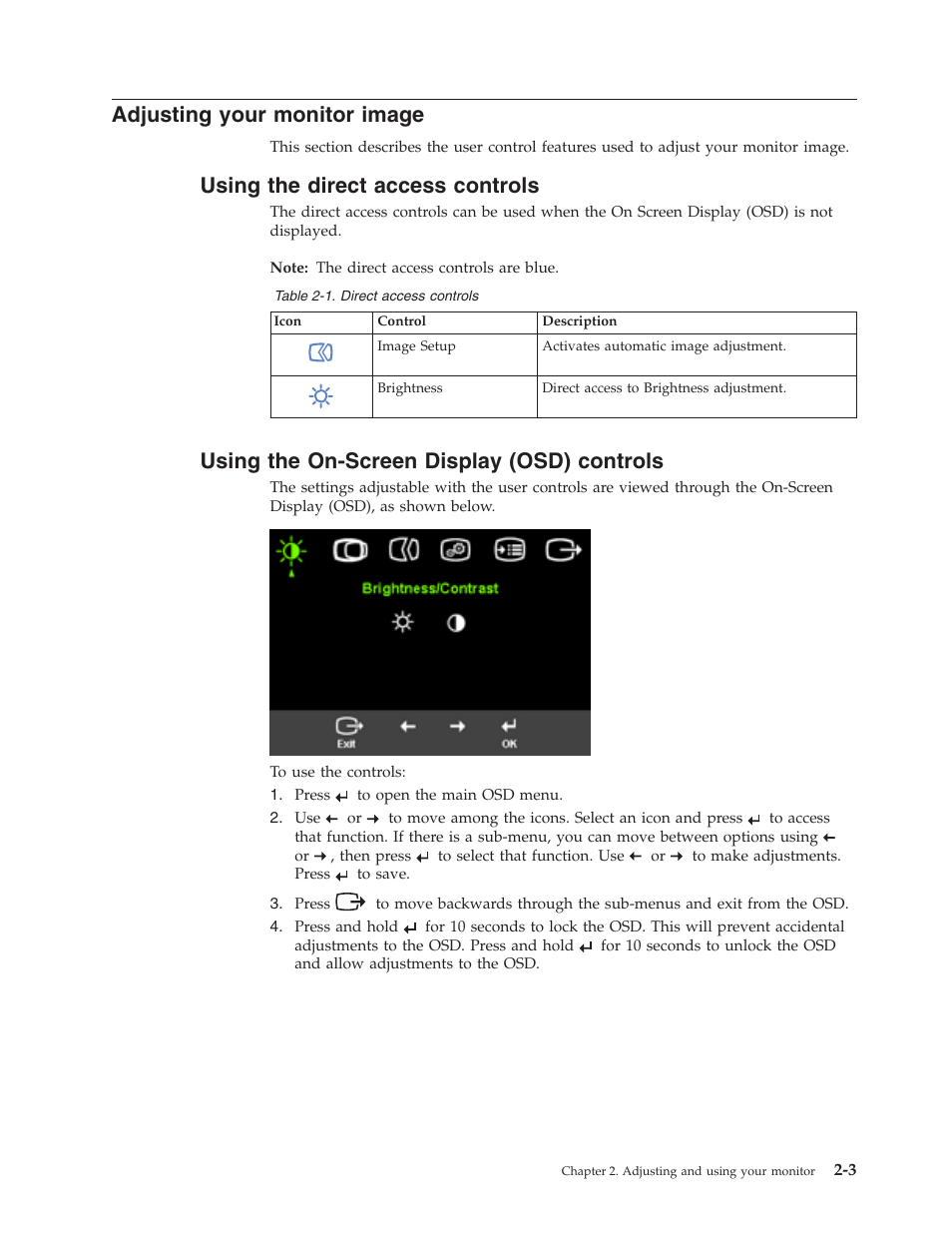 Adjusting your monitor image, Using the direct access controls, Using the on-screen display (osd) controls | Adjusting, Your, Monitor, Image, Using, Direct, Access | Lenovo L171 User Manual | Page 12 / 30