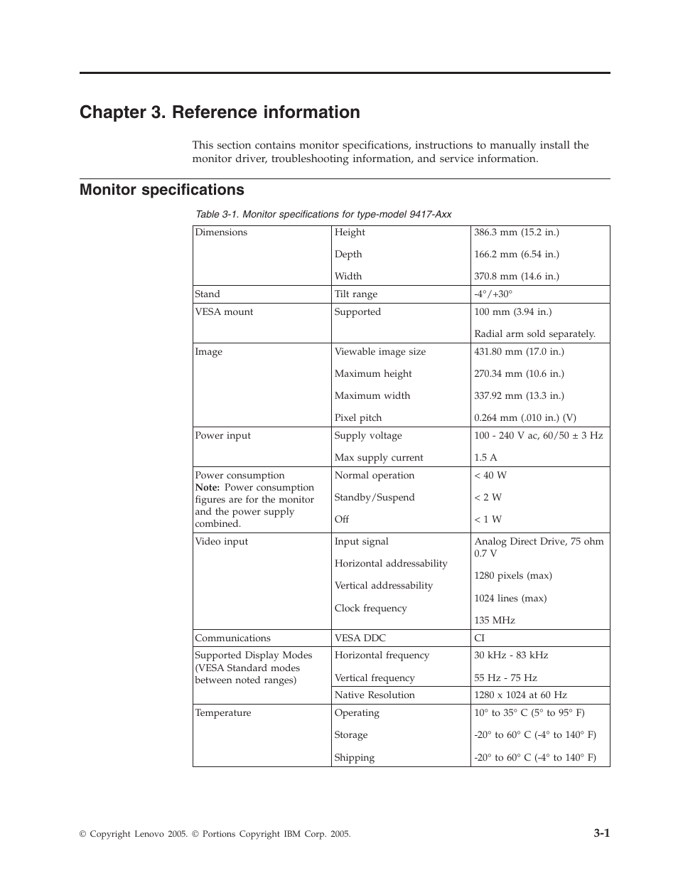 Chapter 3. reference information, Monitor specifications, Chapter | Reference, Information, Monitor, Specifications | Lenovo L171 User Manual | Page 17 / 30