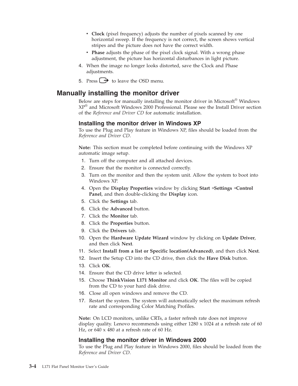 Manually installing the monitor driver, Installing the monitor driver in windows xp, Installing the monitor driver in windows 2000 | Manually, Installing, Monitor, Driver | Lenovo L171 User Manual | Page 20 / 30
