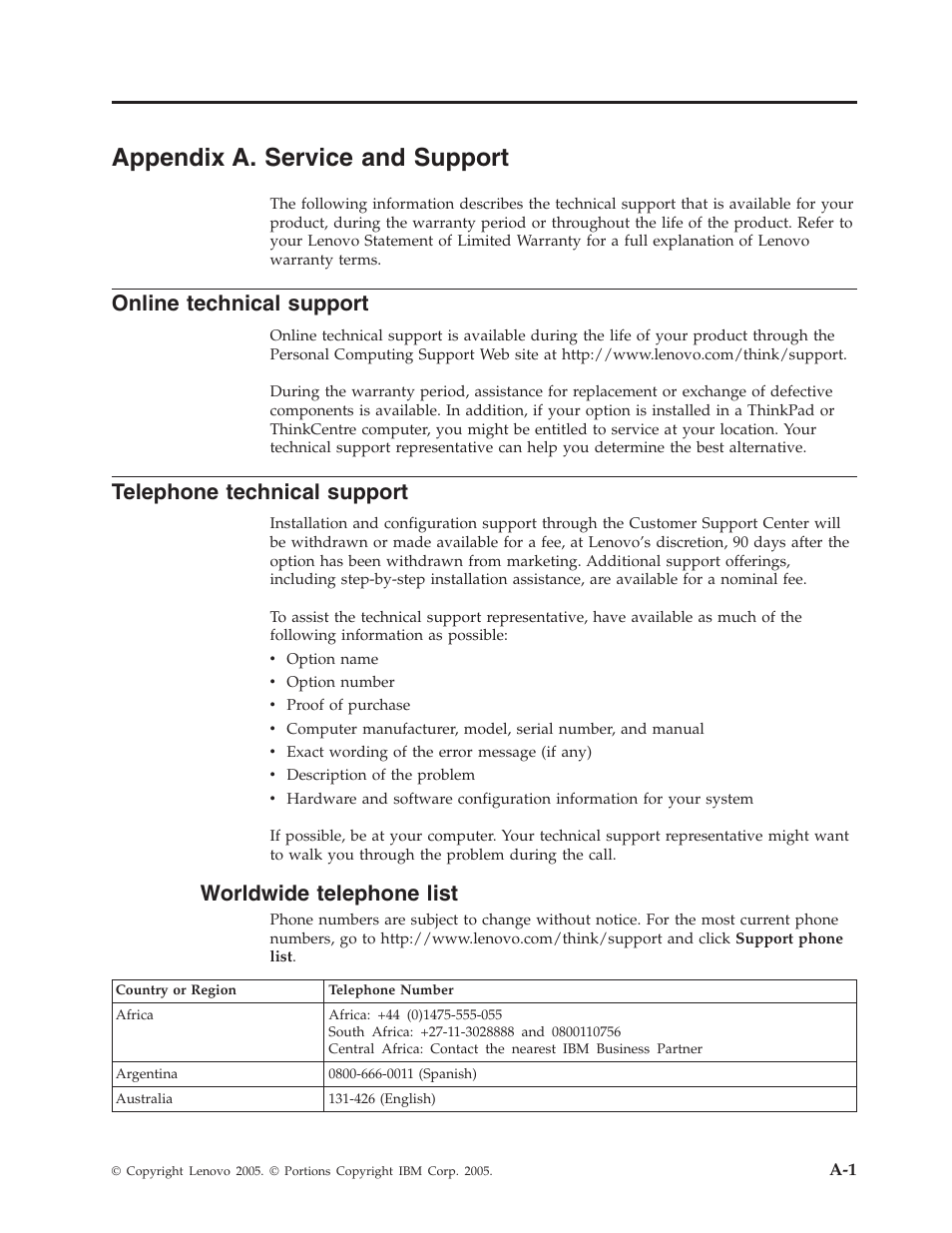 Appendix a. service and support, Online technical support, Telephone technical support | Worldwide telephone list, Appendix, Service, Support, Online, Technical, Telephone | Lenovo L171 User Manual | Page 24 / 30