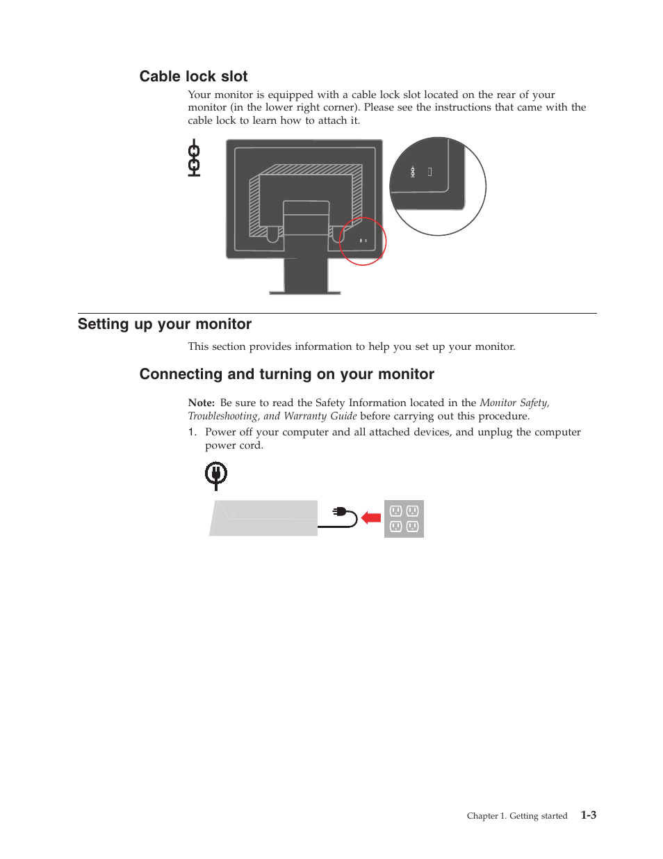 Cable lock slot, Setting up your monitor, Connecting and turning on your monitor | Cable, Lock, Slot, Setting, Your, Monitor, Connecting | Lenovo L171 User Manual | Page 7 / 30