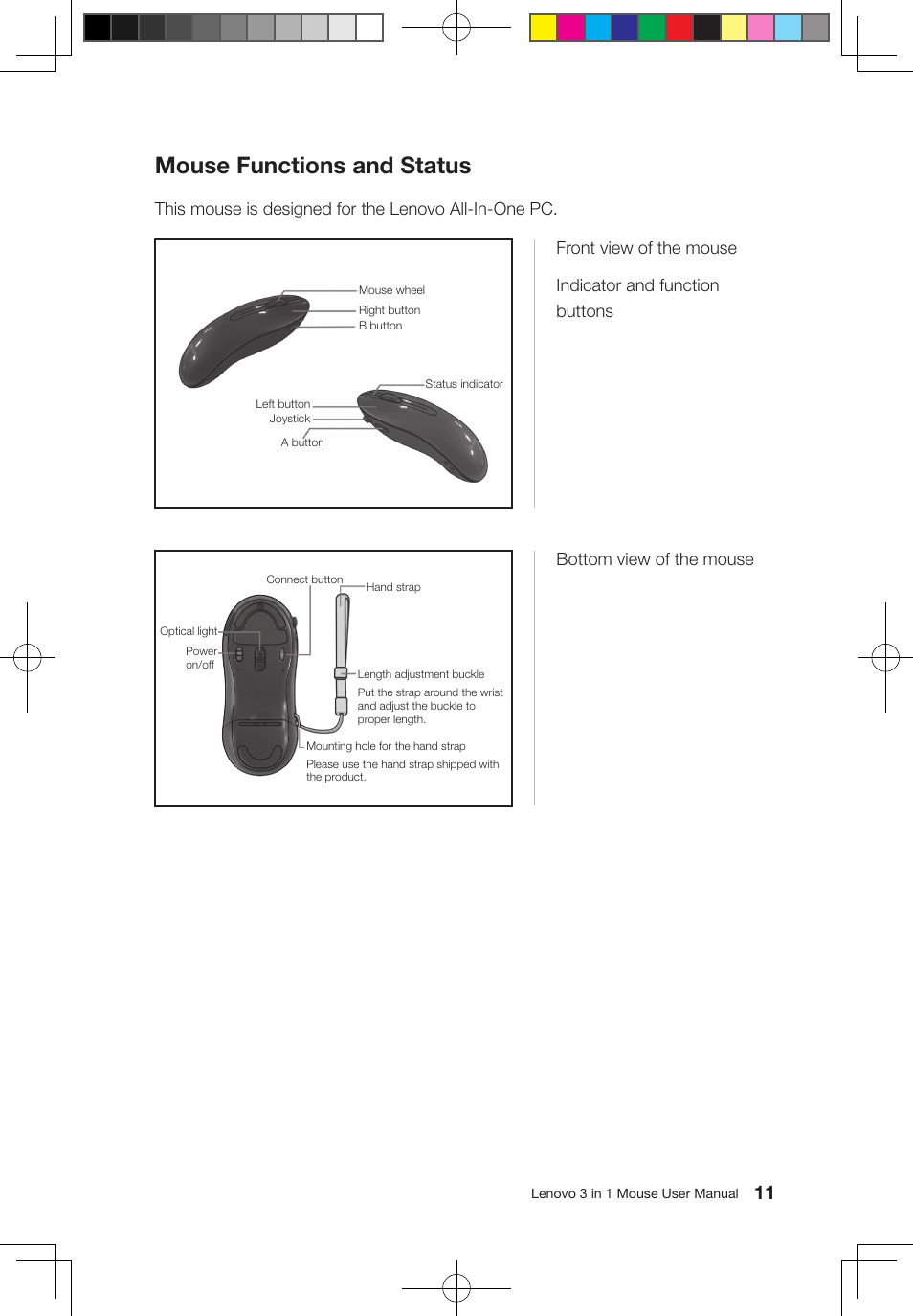 Mouse functions and status, Bottom view of the mouse | Lenovo 31043789 User Manual | Page 12 / 23