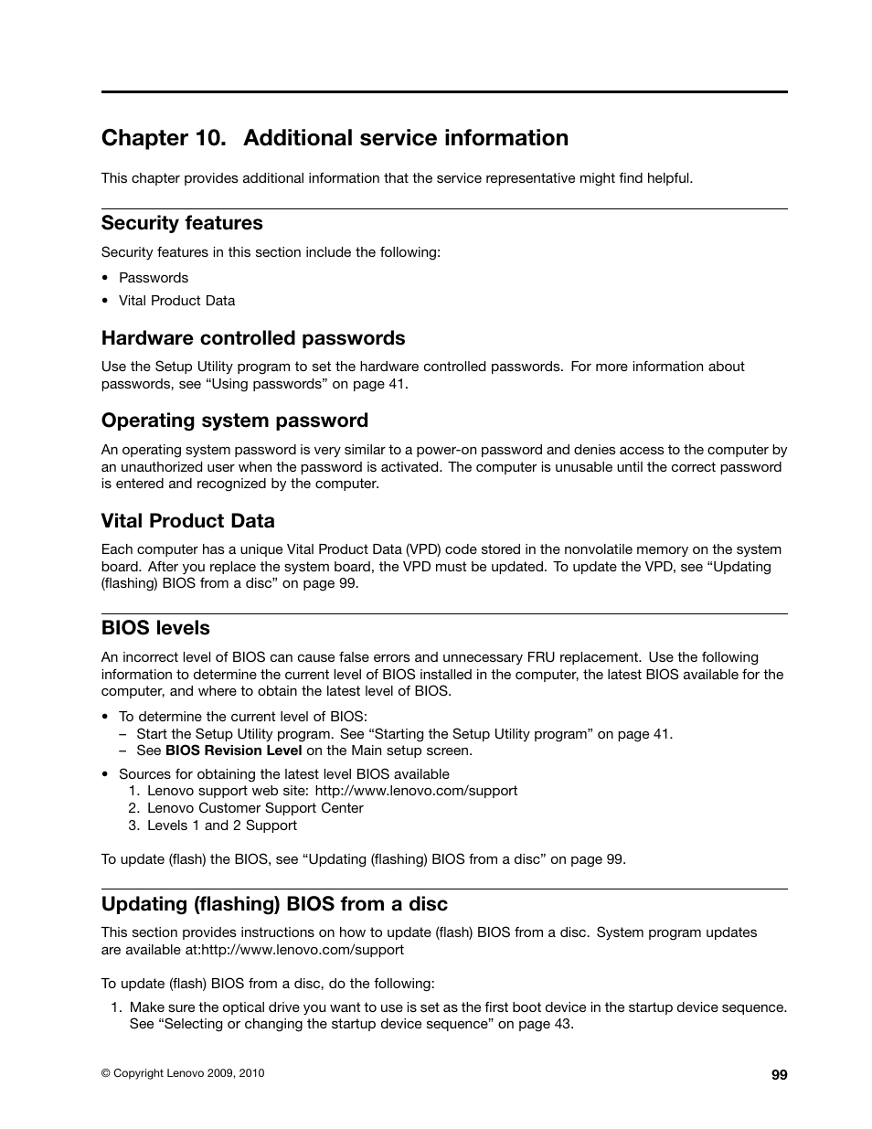 Chapter 10. additional service information, Security features, Hardware controlled passwords | Operating system password, Vital product data, Bios levels, Updating (flashing) bios from a disc, Updating (flashing) bios, Updating (flashing), Updating | Lenovo 3980 User Manual | Page 105 / 110