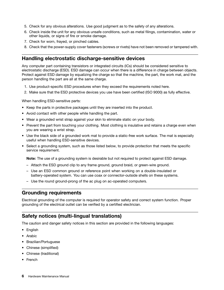 Handling electrostatic discharge-sensitive devices, Grounding requirements, Safety notices (multi-lingual translations) | Lenovo 3980 User Manual | Page 12 / 110