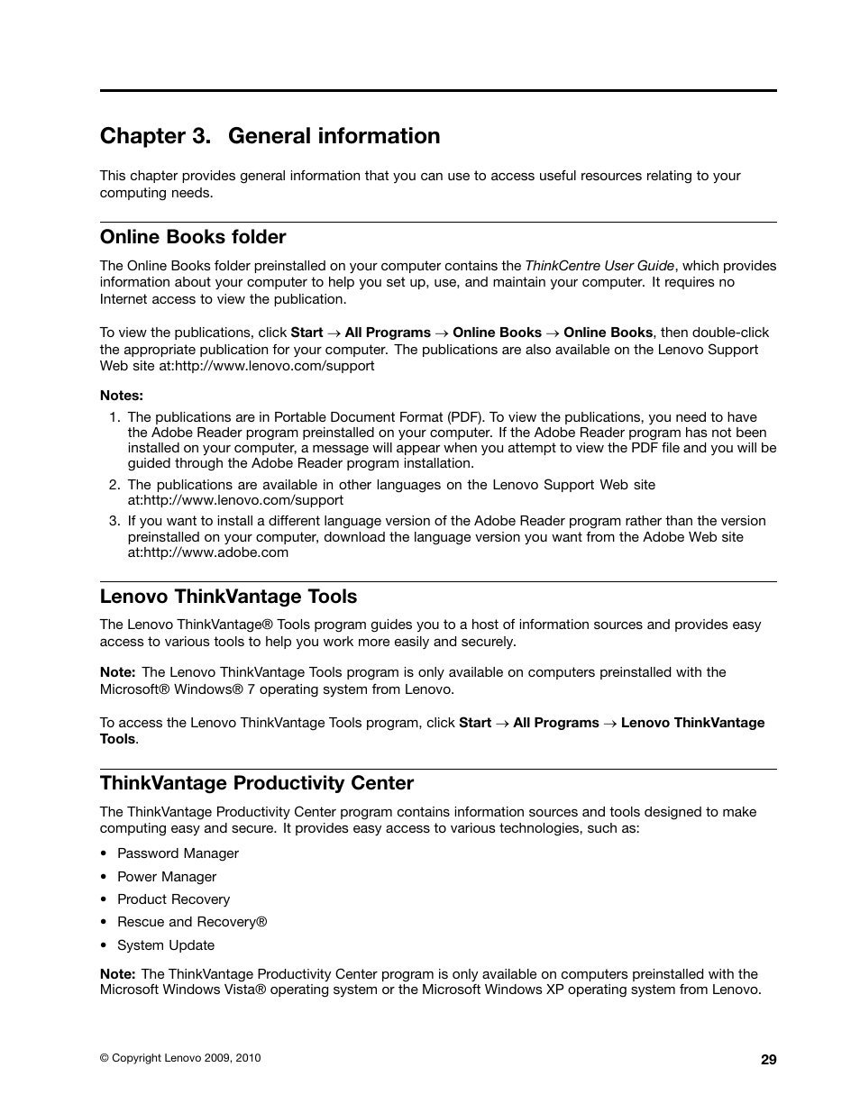 Chapter 3. general information, Online books folder, Lenovo thinkvantage tools | Thinkvantage productivity center | Lenovo 3980 User Manual | Page 35 / 110