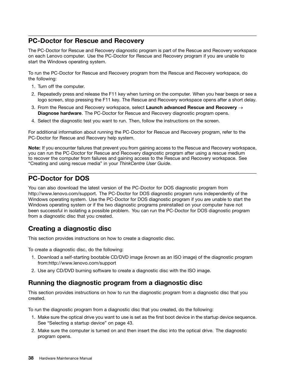 Pc-doctor for rescue and recovery, Pc-doctor for dos, Creating a diagnostic disc | Lenovo 3980 User Manual | Page 44 / 110
