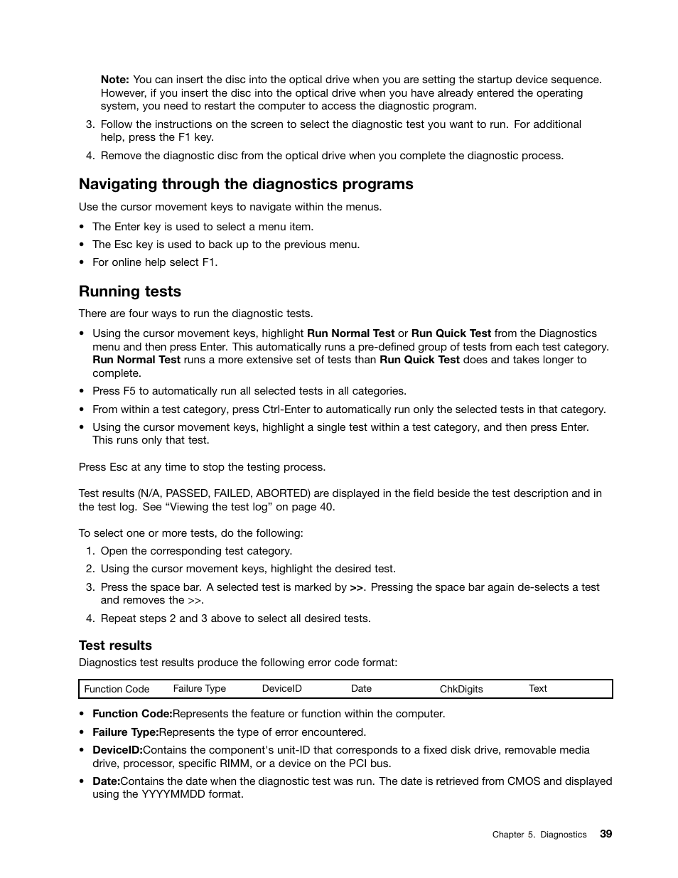 Navigating through the diagnostics programs, Running tests | Lenovo 3980 User Manual | Page 45 / 110
