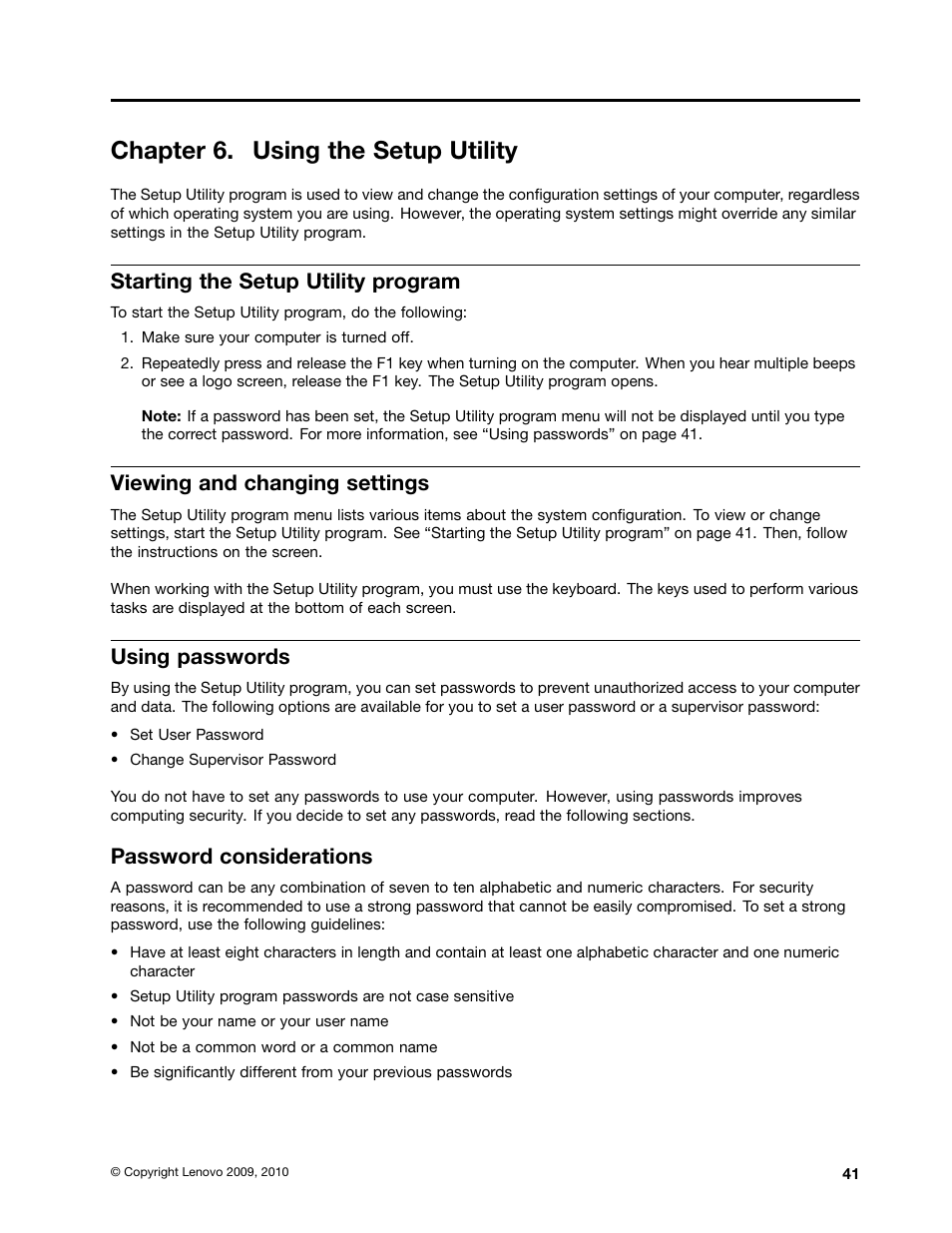 Chapter 6. using the setup utility, Starting the setup utility program, Viewing and changing settings | Using passwords, Password considerations | Lenovo 3980 User Manual | Page 47 / 110