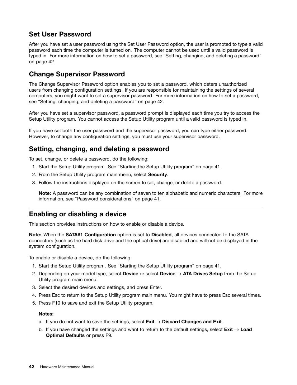 Set user password, Change supervisor password, Setting, changing, and deleting a password | Enabling or disabling a device | Lenovo 3980 User Manual | Page 48 / 110