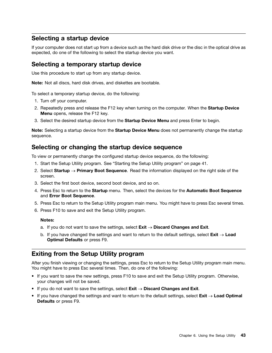 Selecting a startup device, Selecting a temporary startup device, Selecting or changing the startup device sequence | Exiting from the setup utility program | Lenovo 3980 User Manual | Page 49 / 110