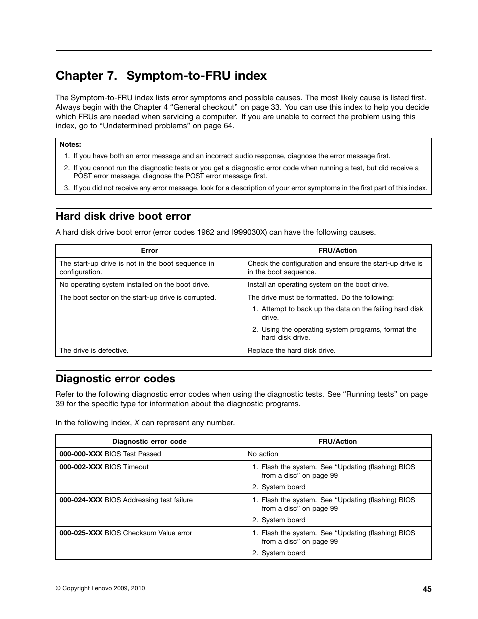 Chapter 7. symptom-to-fru index, Hard disk drive boot error, Diagnostic error codes | Lenovo 3980 User Manual | Page 51 / 110