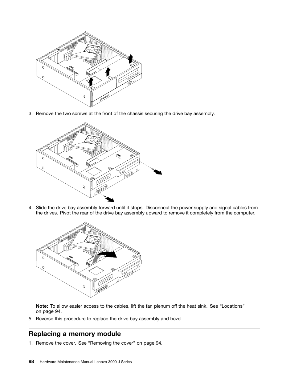 Replacing a memory module | Lenovo J SERIES 3000 User Manual | Page 104 / 200
