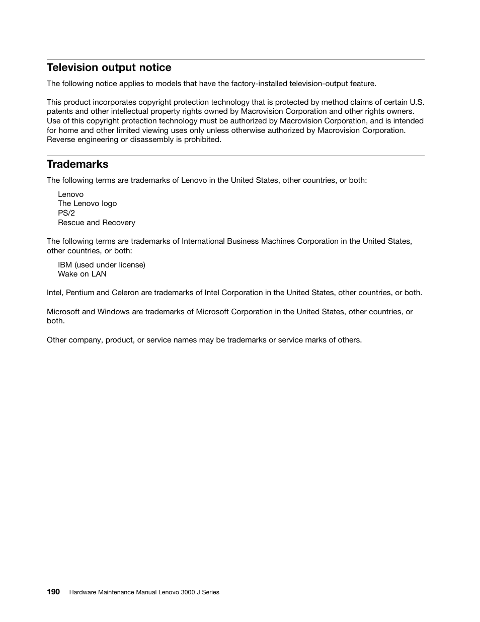 Television output notice, Trademarks | Lenovo J SERIES 3000 User Manual | Page 196 / 200