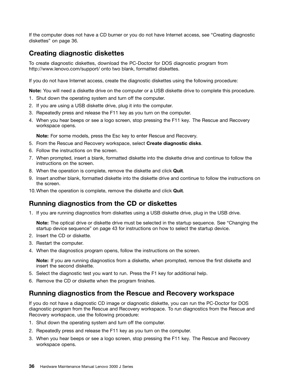 Creating diagnostic diskettes, Running diagnostics from the cd or diskettes | Lenovo J SERIES 3000 User Manual | Page 42 / 200