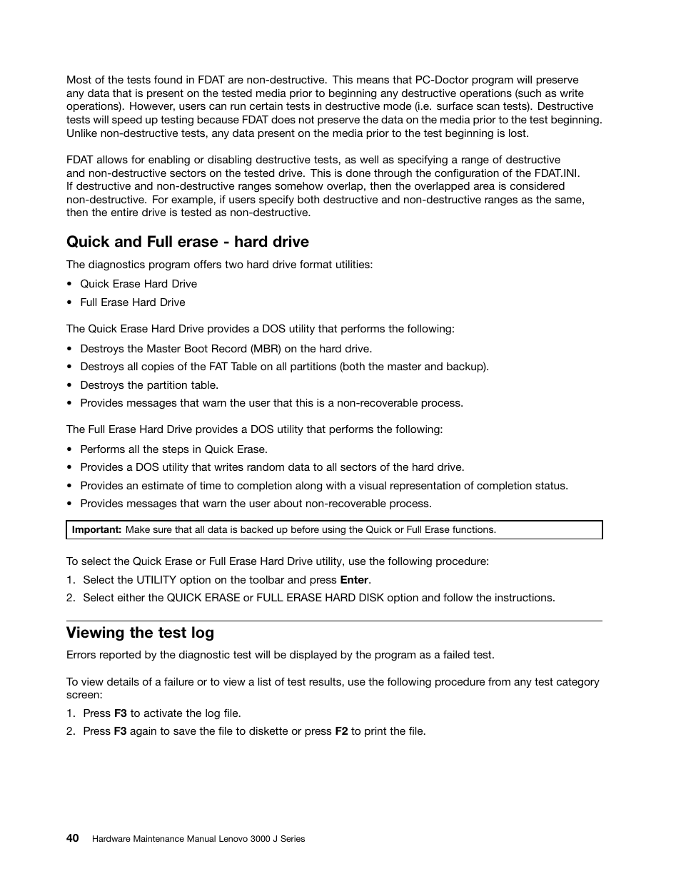 Quick and full erase - hard drive, Viewing the test log | Lenovo J SERIES 3000 User Manual | Page 46 / 200