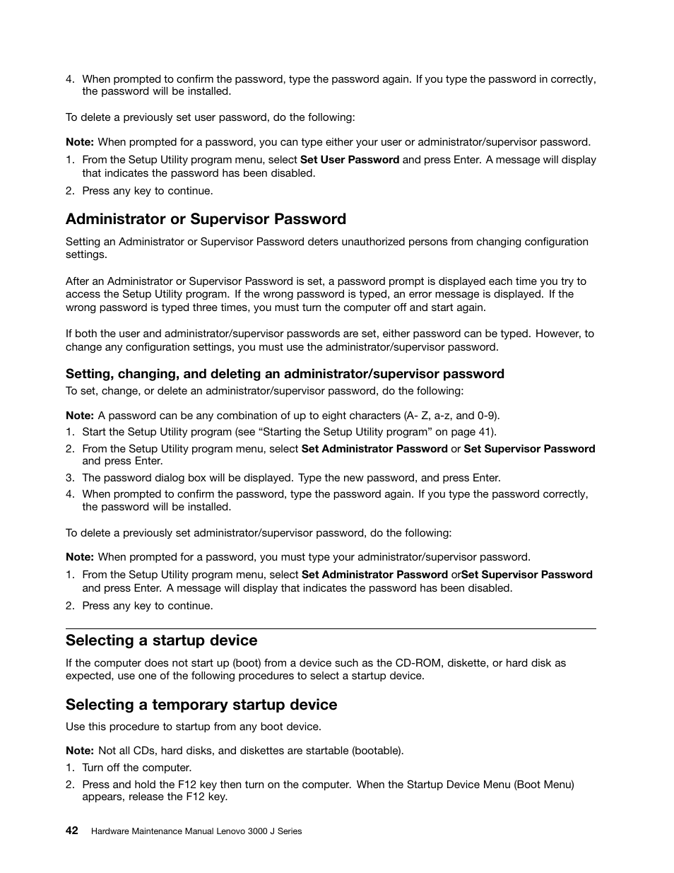 Administrator or supervisor password, Selecting a startup device, Selecting a temporary startup device | Lenovo J SERIES 3000 User Manual | Page 48 / 200