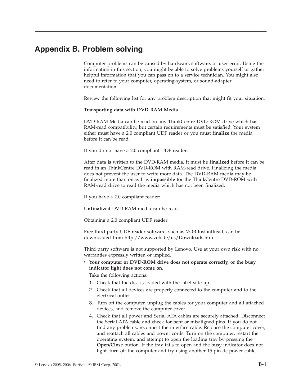 Appendix b. problem solving, Appendix, Problem | Solving | Lenovo ThinkCentre 41N5622 User Manual | Page 27 / 70