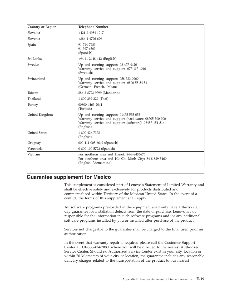 Guarantee supplement for mexico, Guarantee, Supplement | Mexico, E-19 | Lenovo ThinkCentre 41N5622 User Manual | Page 61 / 70