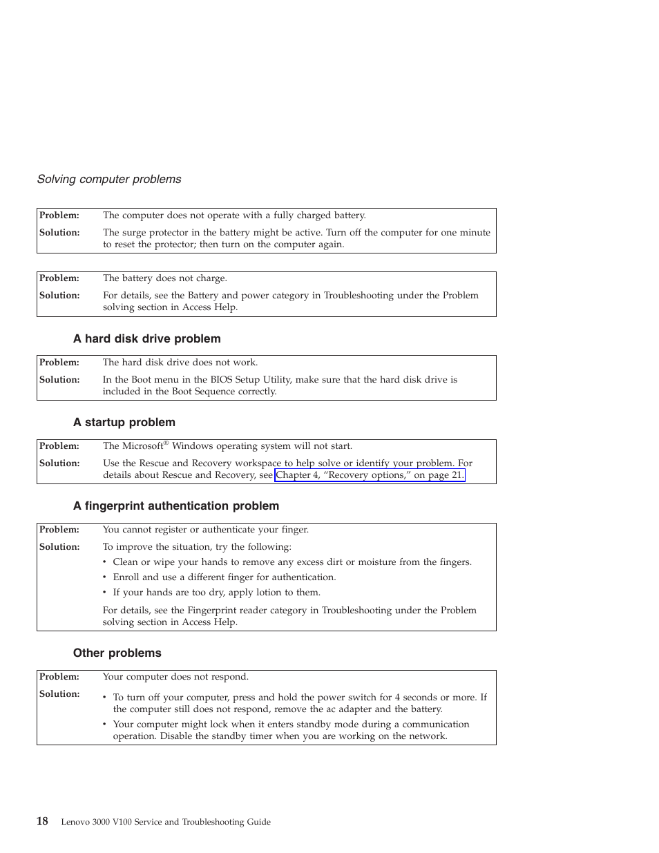 A hard disk drive problem, A startup problem, A fingerprint authentication problem | Other problems, Hard, Disk, Drive, Problem, Startup, Fingerprint | Lenovo NONE FOUND 3000 V100 User Manual | Page 26 / 66