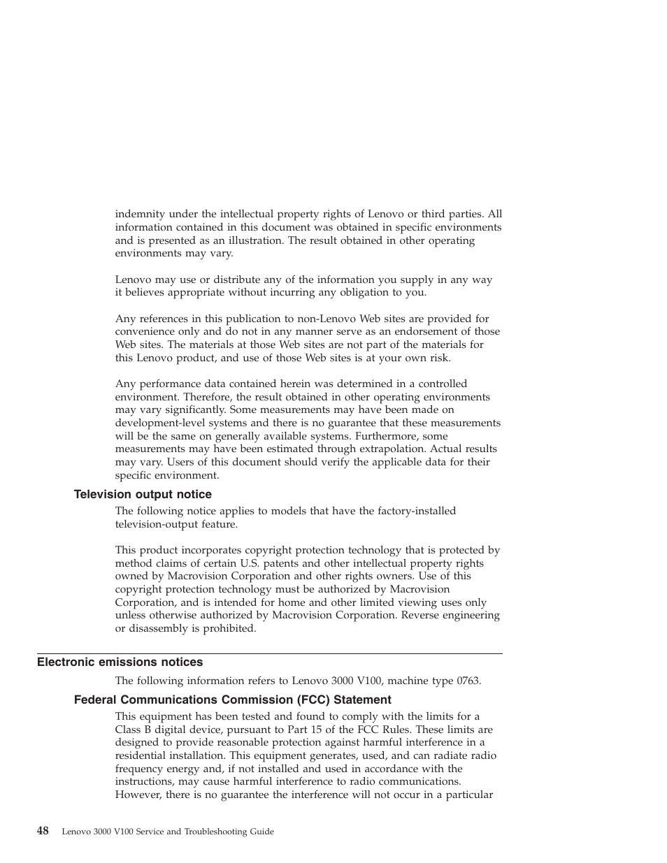 Television output notice, Electronic emissions notices, Federal communications commission (fcc) statement | Television, Output, Notice, Electronic, Emissions, Notices, Federal | Lenovo NONE FOUND 3000 V100 User Manual | Page 56 / 66