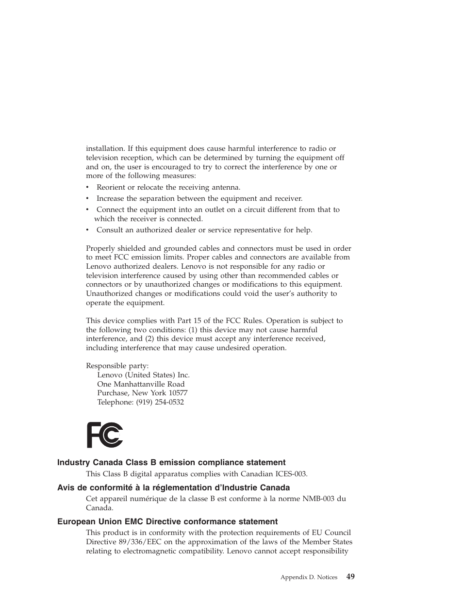 European union emc directive conformance statement, Industry, Canada | Class, Emission, Compliance, Statement, Avis, Conformité, Réglementation | Lenovo NONE FOUND 3000 V100 User Manual | Page 57 / 66