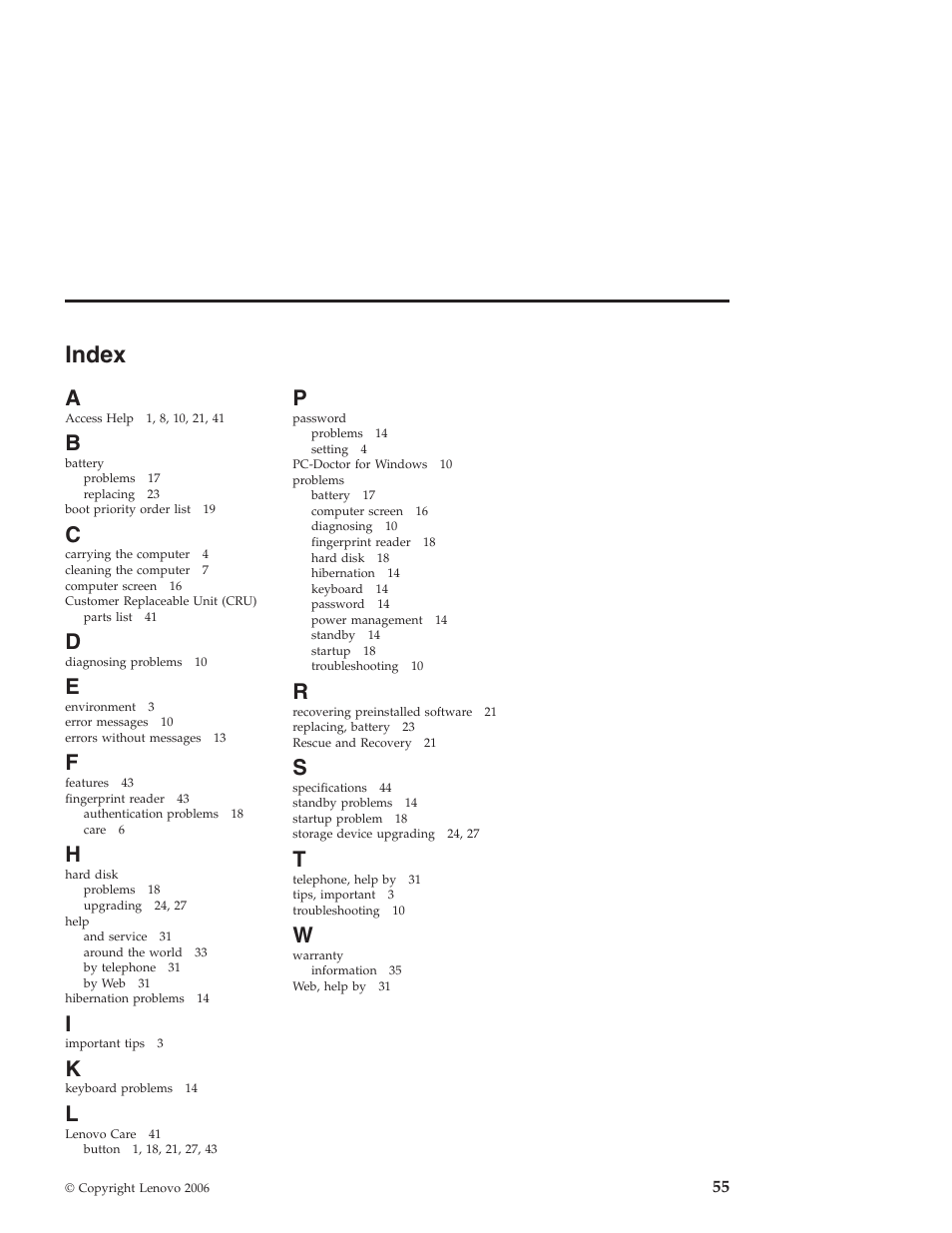 Index | Lenovo NONE FOUND 3000 V100 User Manual | Page 63 / 66