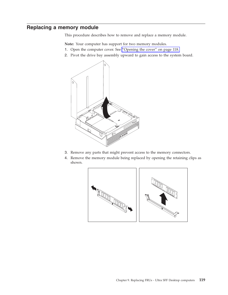 Replacing a memory module, Replacing, Memory | Module | Lenovo THINKCENTRE 6019 User Manual | Page 125 / 506