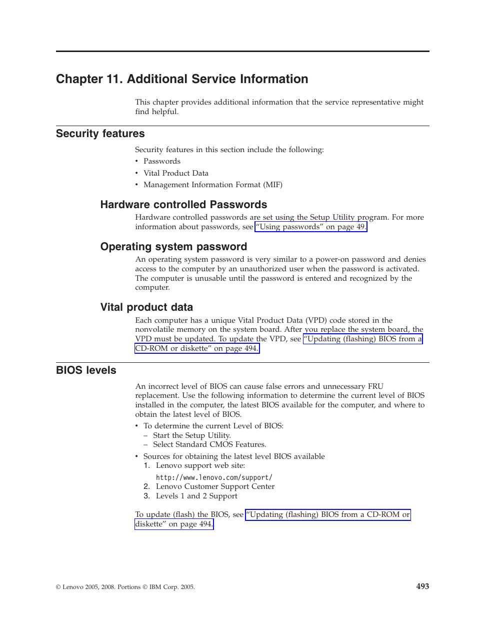 Chapter 11. additional service information, Security features, Hardware controlled passwords | Operating system password, Vital product data, Bios levels, Chapter, Additional, Service, Information | Lenovo THINKCENTRE 6019 User Manual | Page 499 / 506