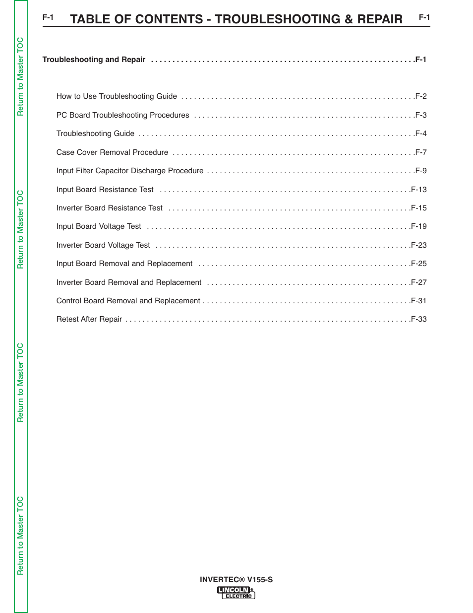 Section f - troubleshooting & repair, Table of contents - troubleshooting & repair | Lincoln Electric V155-S User Manual | Page 33 / 78