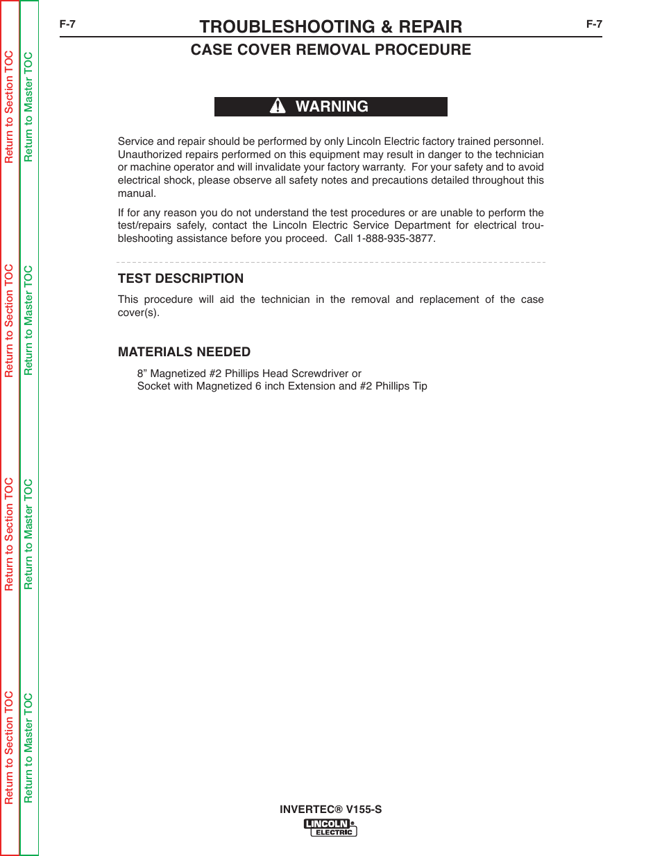 Troubleshooting & repair, Case cover removal procedure warning | Lincoln Electric V155-S User Manual | Page 39 / 78