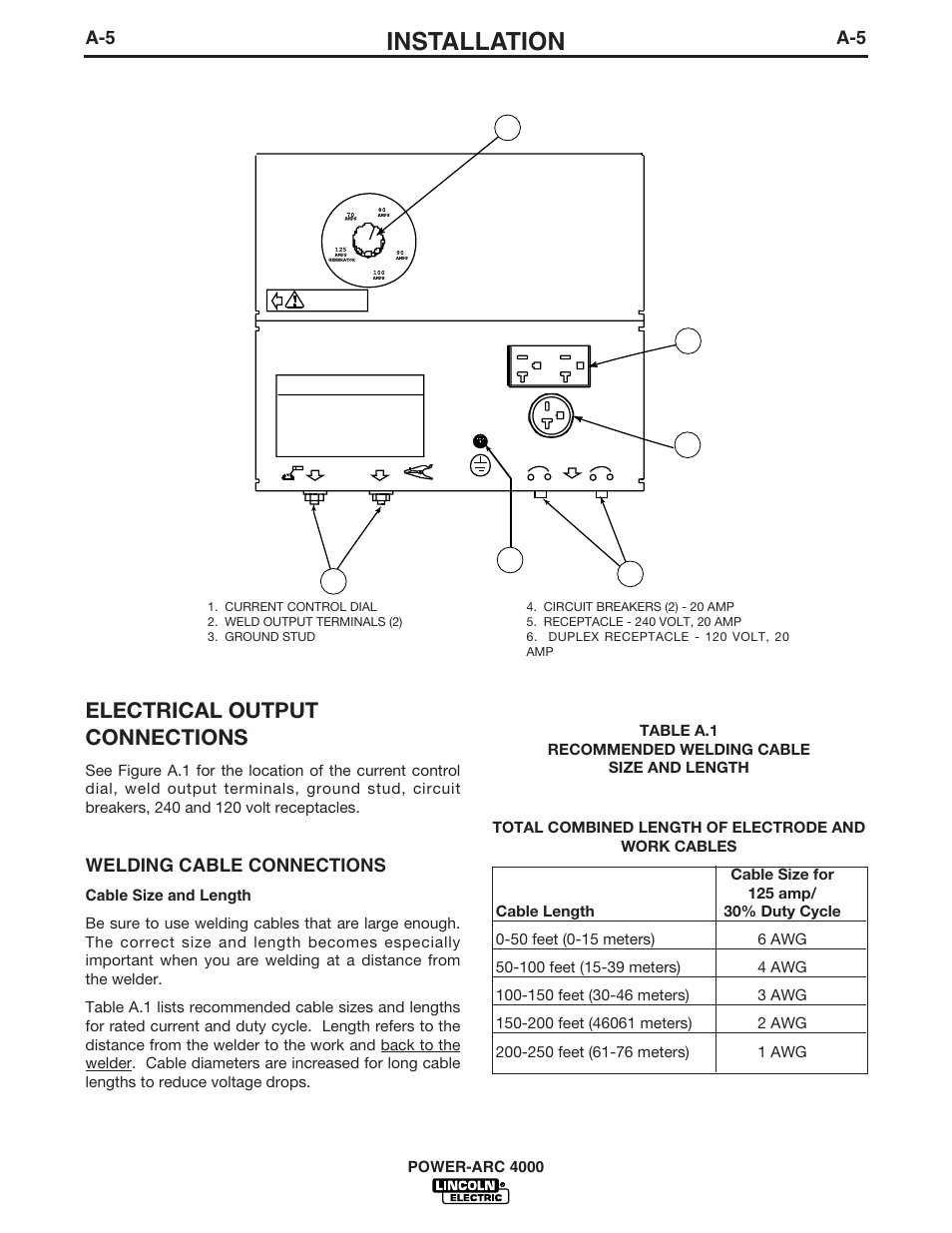 Installation, Electrical output connections, Welding cable connections | Lincoln Electric POWER-ARC 4000 User Manual | Page 12 / 52